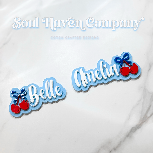 Cherry name clip: black, white, blue or pink options