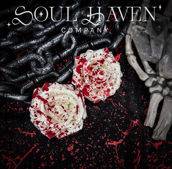 Blood Splatter Rose Hair Clips (black + white)